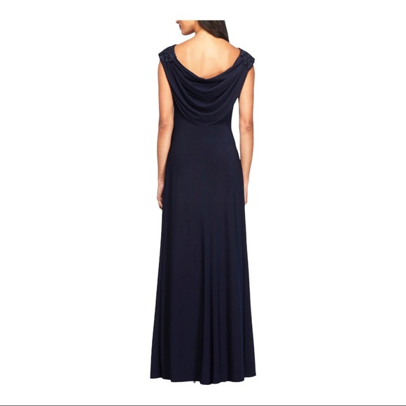 Alex Evenings Soutache Floral Lace Boat Neck Cowl Back Cap Sleeve Ruched Gown - Picture 2 of 10